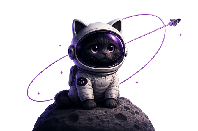 Astronaut cat sitting on a small purple planet