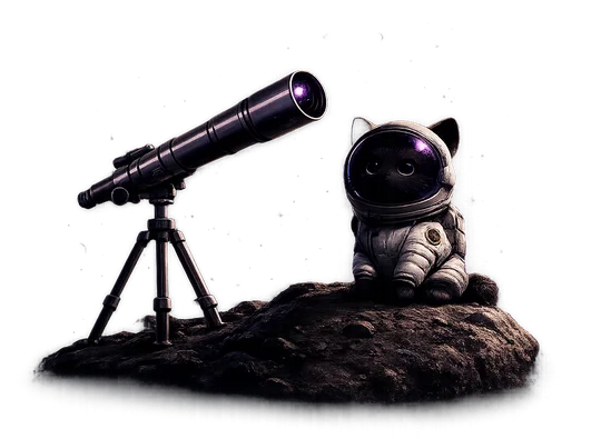 Black cat with a telescope on a small planet, looking at stars